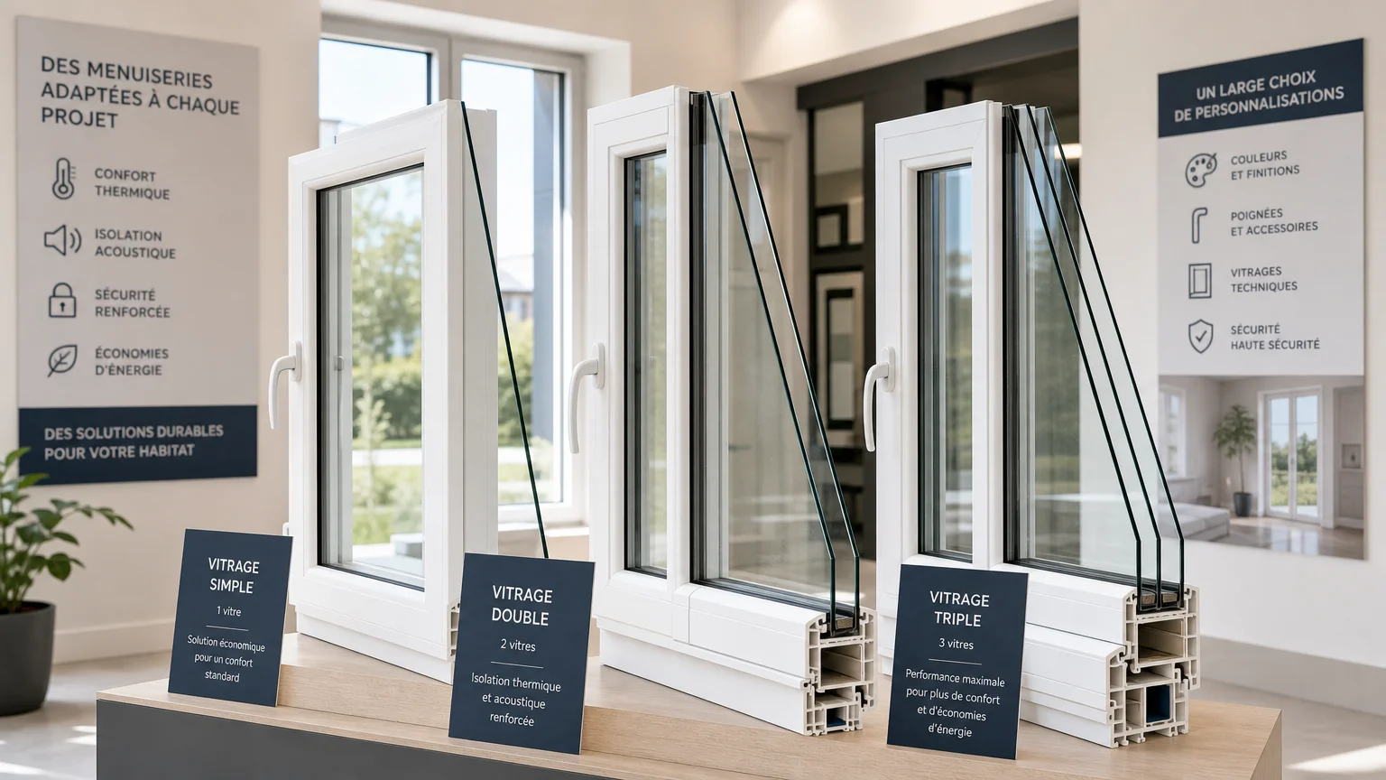 Différents modèles de fenêtres PVC alignés dans un showroom lumineux