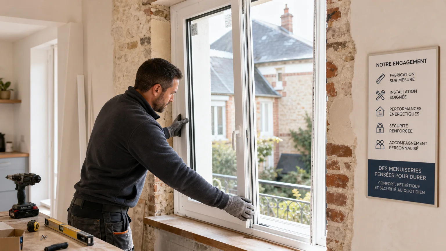 Artisan posant une fenêtre PVC dans une maison rénovée