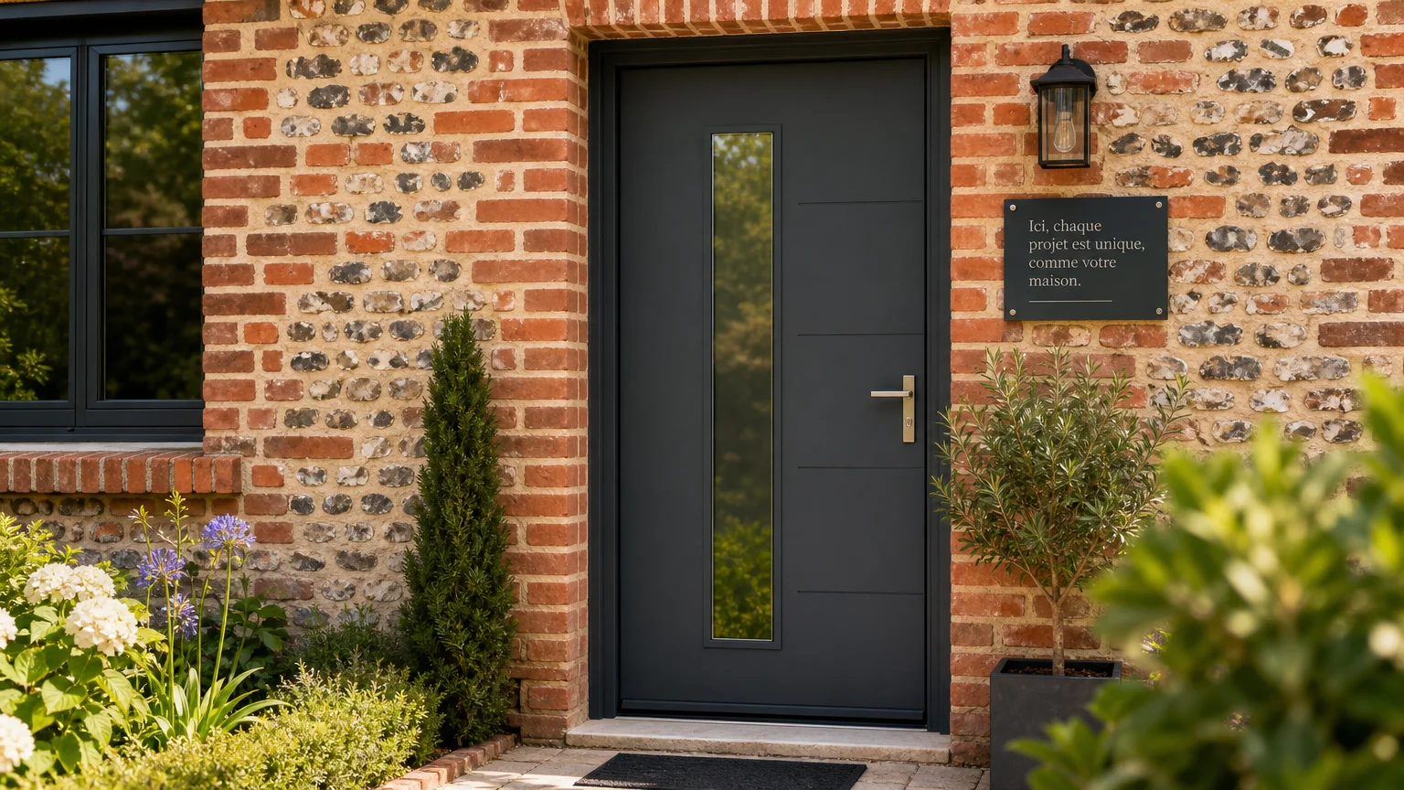 Porte d'entrée en aluminium gris anthracite sur une maison en brique en Normandie