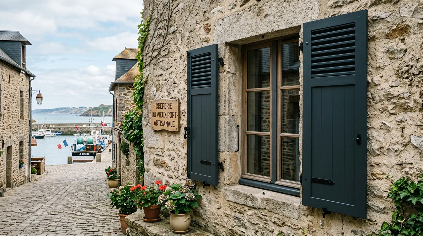 Volets battants en aluminium gris anthracite sur une façade en pierre en Normandie