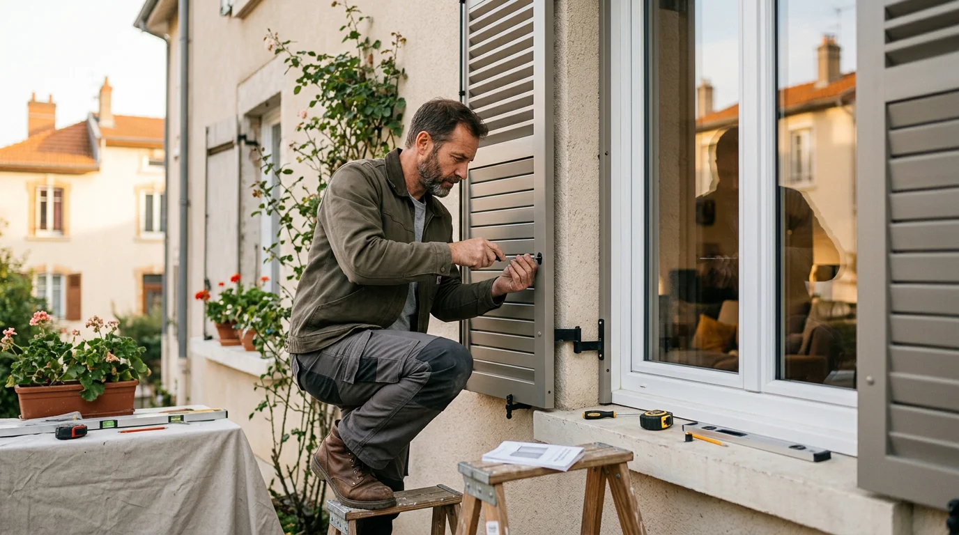 Artisan posant des volets battants en aluminium sur une fenêtre