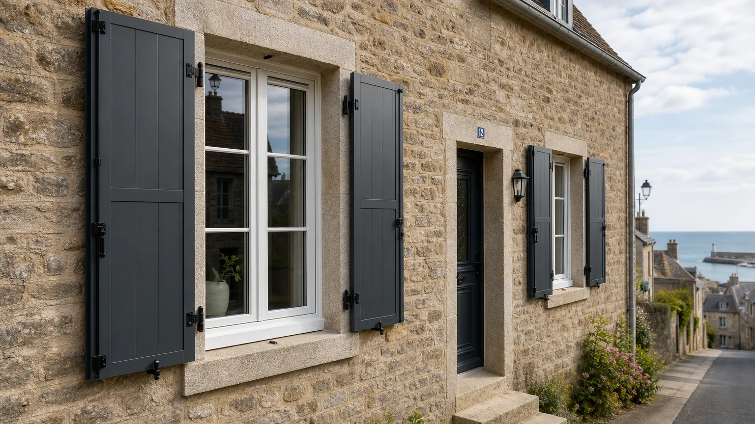 Volets battants en aluminium gris anthracite posés sur une façade en pierre en Normandie