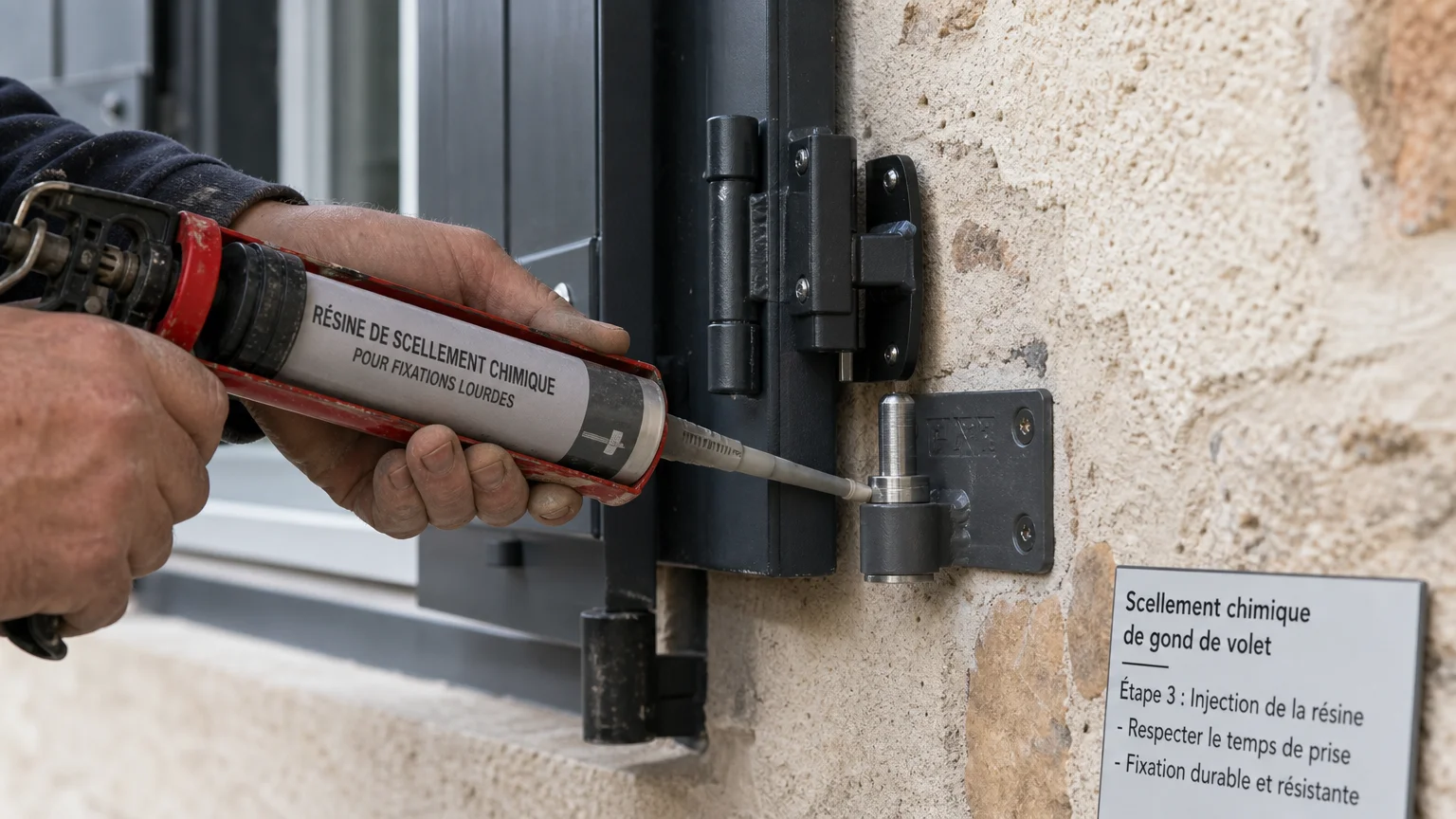 Scellement d'un gond de volet battant aluminium dans la maçonnerie