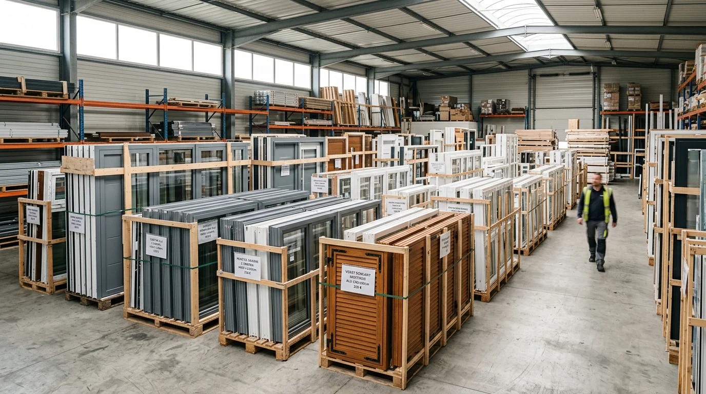 Entrepôt de menuiseries neuves en déstockage rangées par catégories