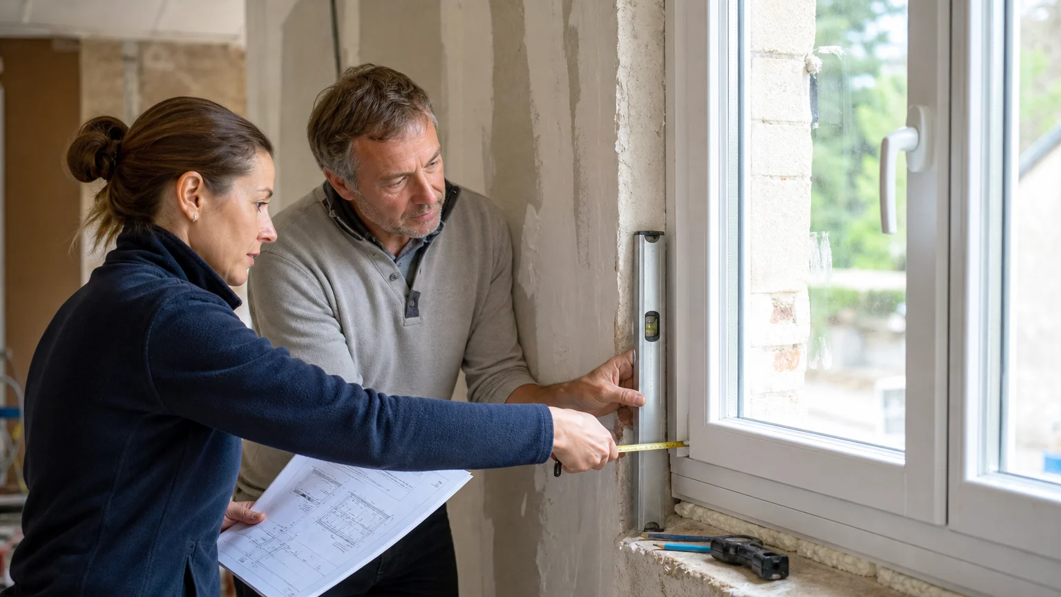 Professionnels vérifiant la pose d’une fenêtre PVC en rénovation