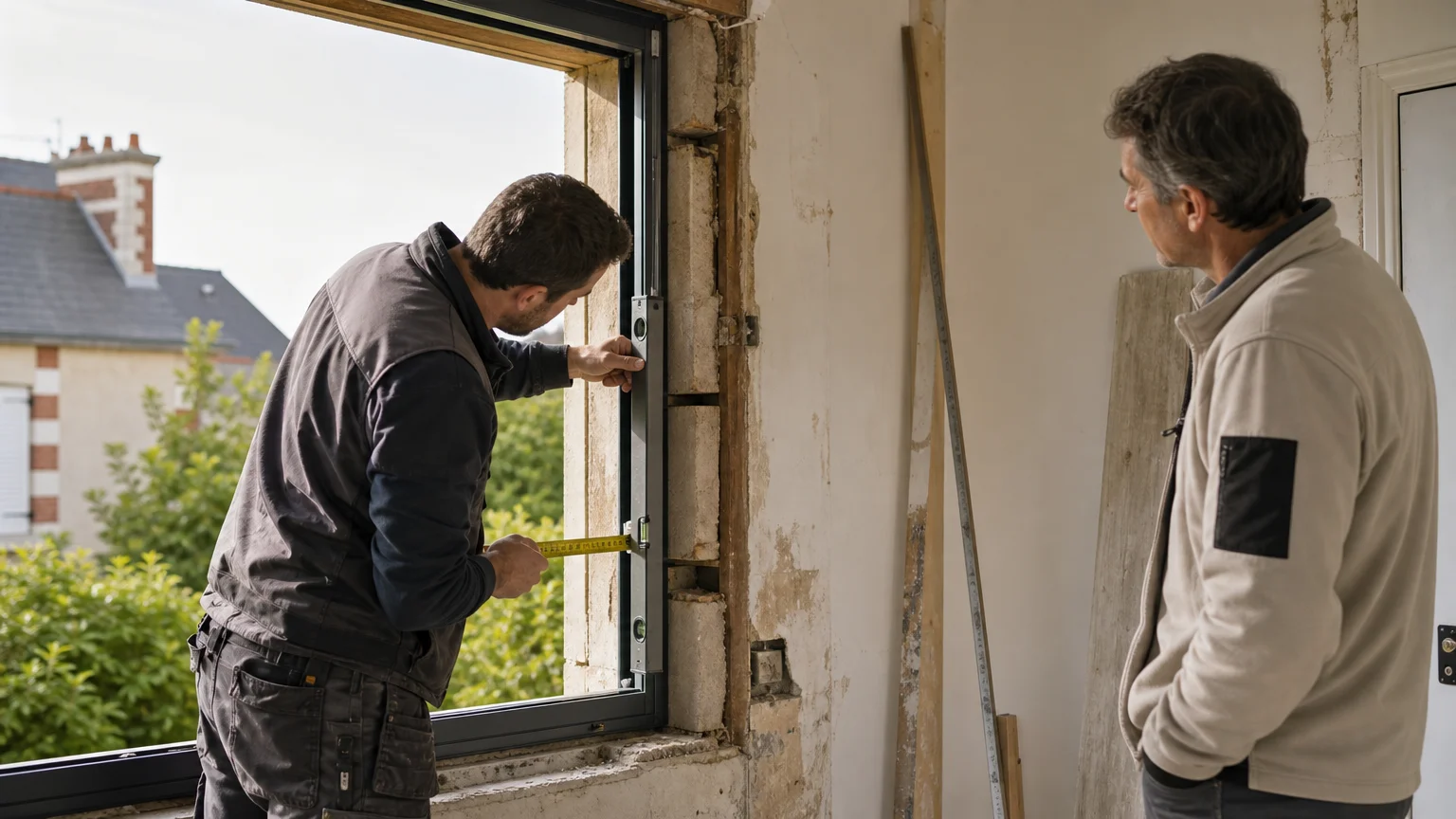 Professionnel contrôlant le dormant d’une ancienne fenêtre avant une dépose totale