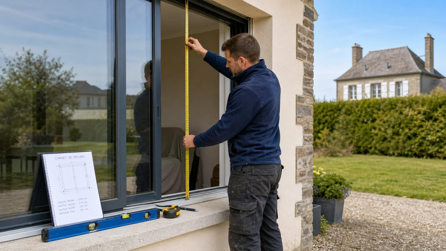 Technicien prenant les mesures d’une baie vitrée avant une pose de menuiserie extérieure