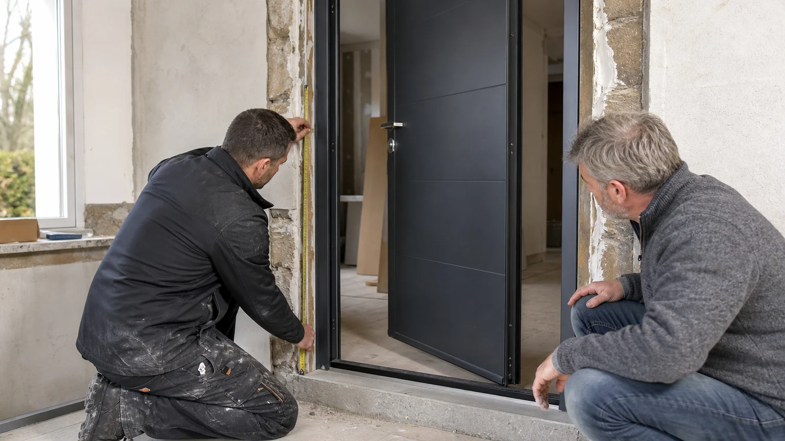 Professionnel mesurant une ouverture pour une porte d’entrée aluminium