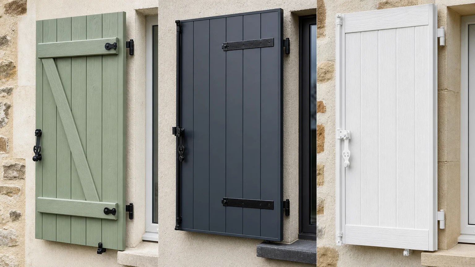Comparaison visuelle de volets battants en bois, aluminium et PVC
