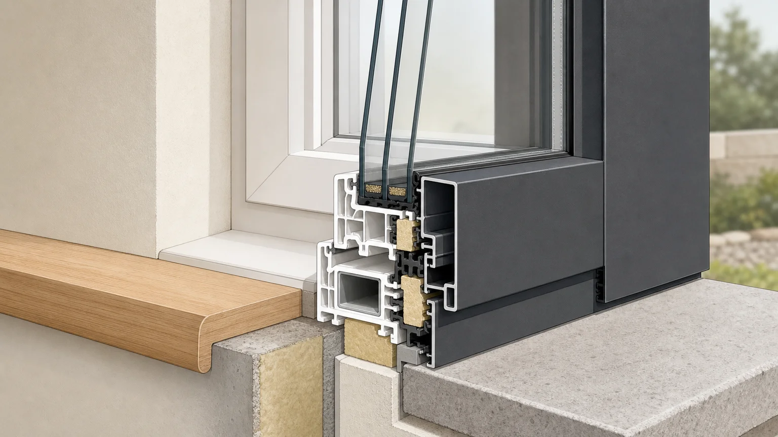 Coupe technique d’une fenêtre hybride PVC aluminium montrant le PVC intérieur et l’aluminium extérieur