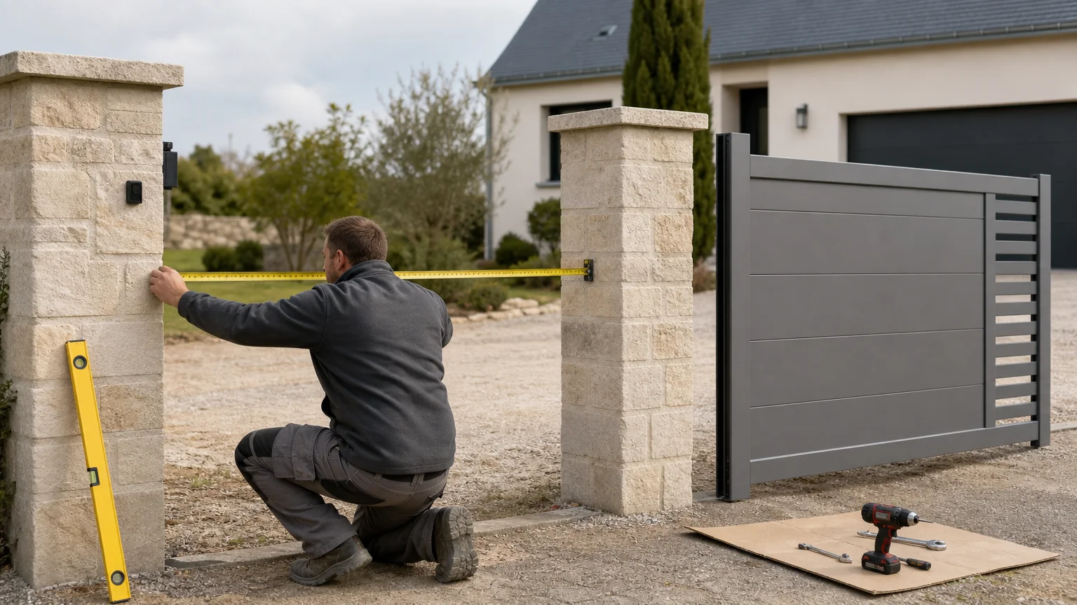 Mesure des piliers avant la pose d’un portail aluminium