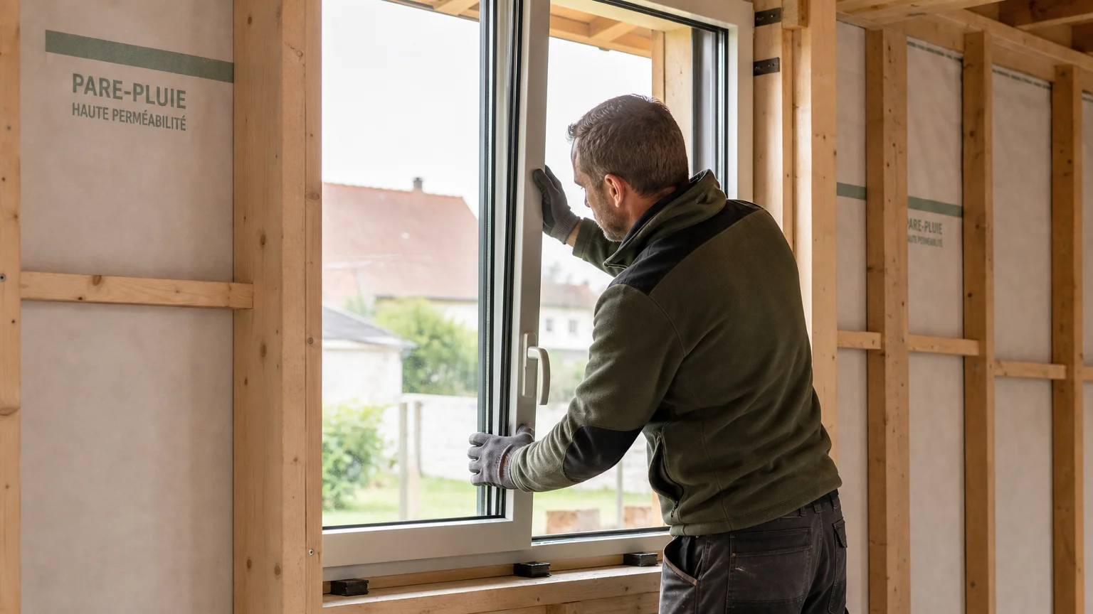 Pose d’une fenêtre dans une maison à ossature bois