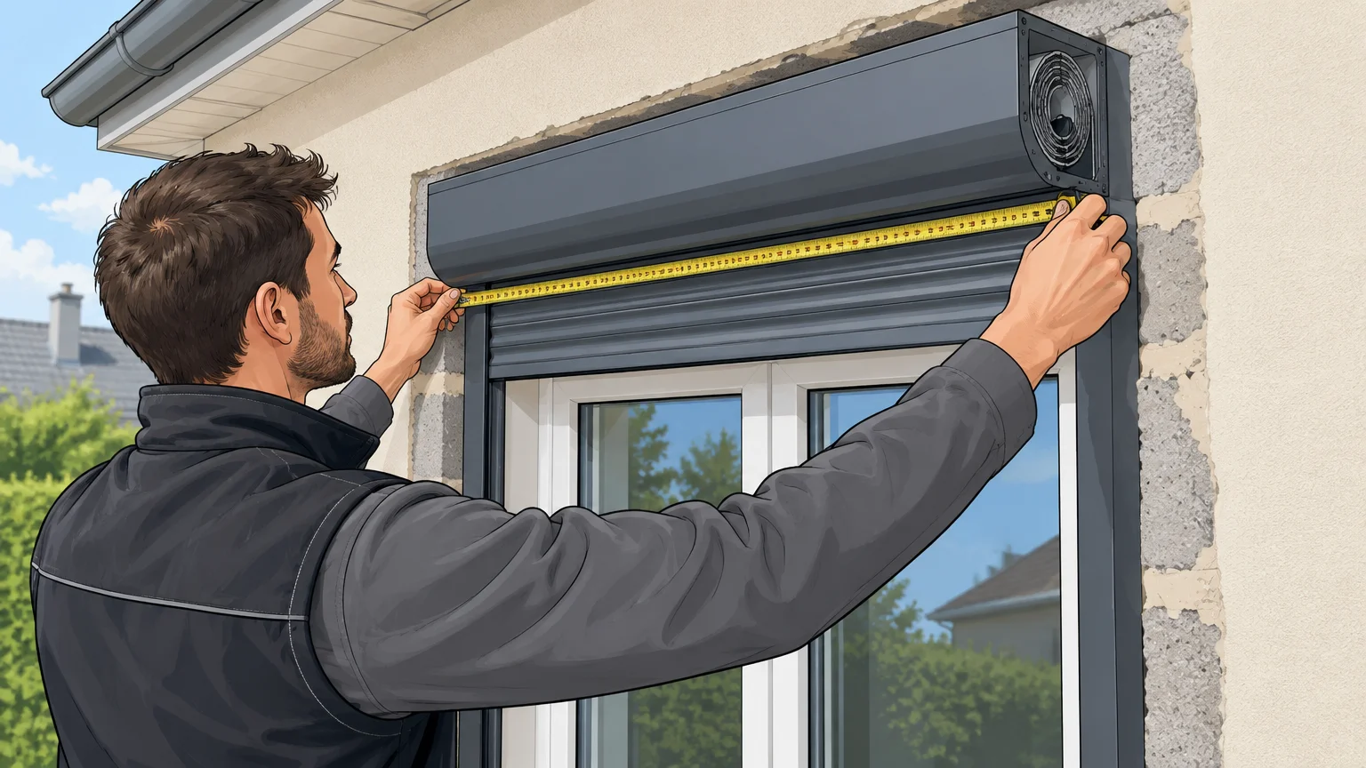 Un installateur examine le coffre et les dimensions d’une fenêtre avant la pose d’un volet roulant