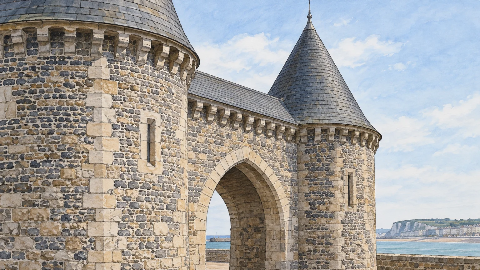 Passage voûté et maçonnerie de grès et de silex des Tourelles à Dieppe
