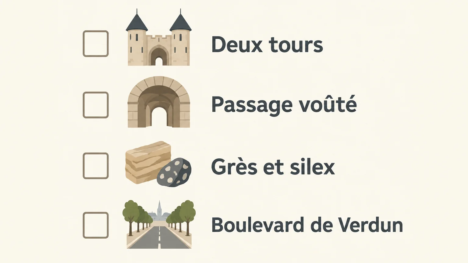 Checklist illustrée pour reconnaître les Tourelles par leurs tours, leur passage et leurs matériaux