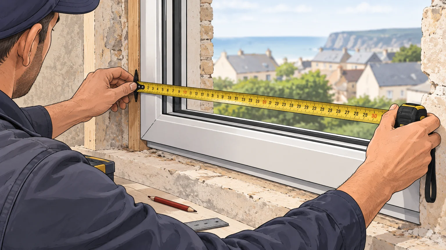 Prise de mesures d’une fenêtre avant sa pose dans une maison en rénovation