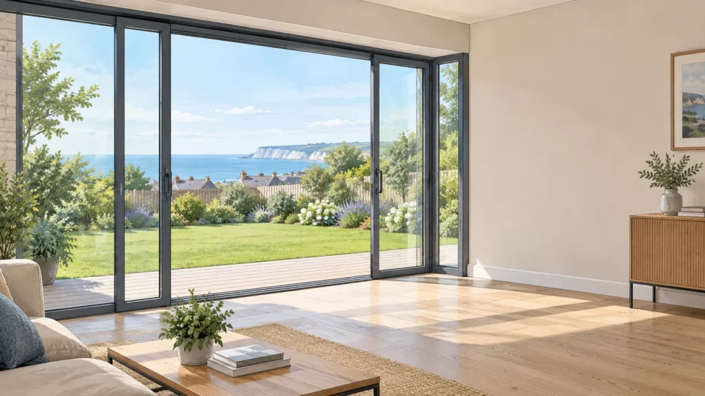 Baie vitrée coulissante dans une maison de style normand près de Dieppe